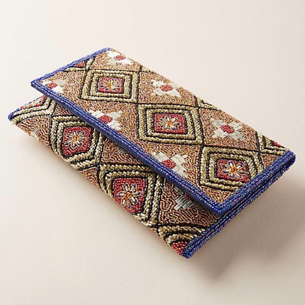 Anthropologie Beaded Geometric Clutch in Gold, Blue, Red